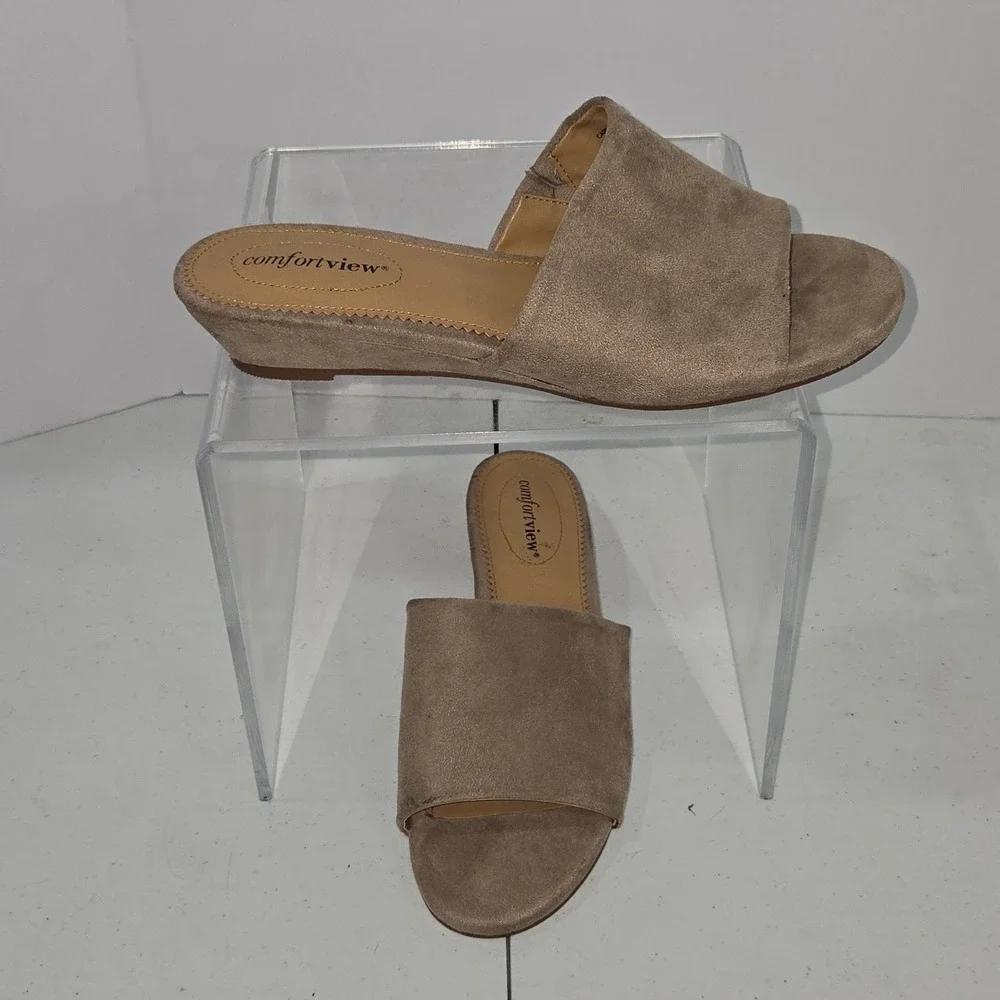 Comfortview Capri Taupe Suede Wedge Sandals Womens Size 9M Open Toe Slides 06083